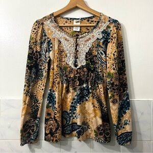 Forbidden Peasant Boho Eclectic Earthy Embroidered Long Sleeve Top Size Small